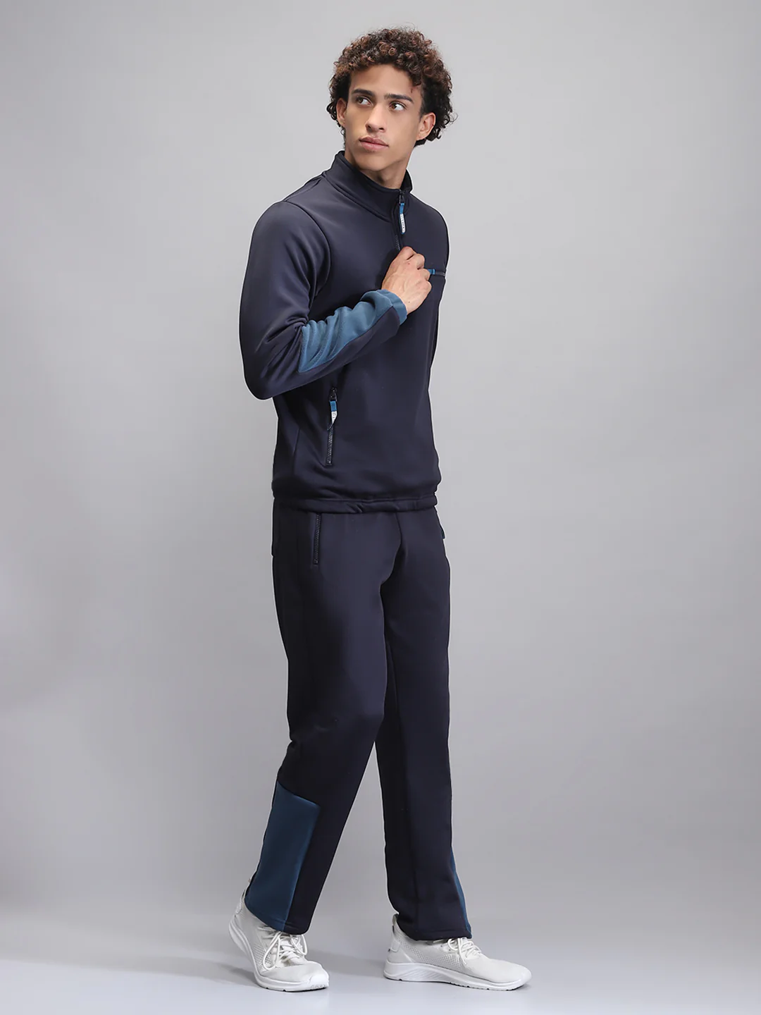 Rock.it Men Navy Blue Solid Mock Neck Full Sleeve Winter Tracksuit - Image 4