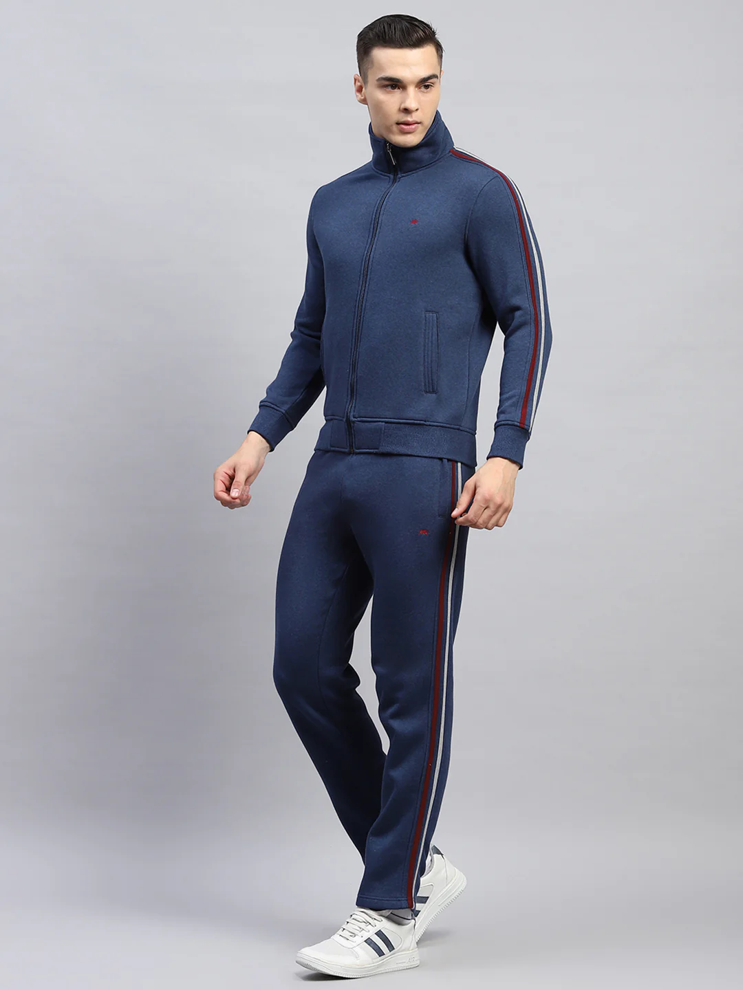 Men Navy Blue Solid Mock Neck Full Sleeve Winter Tracksuit - Image 3
