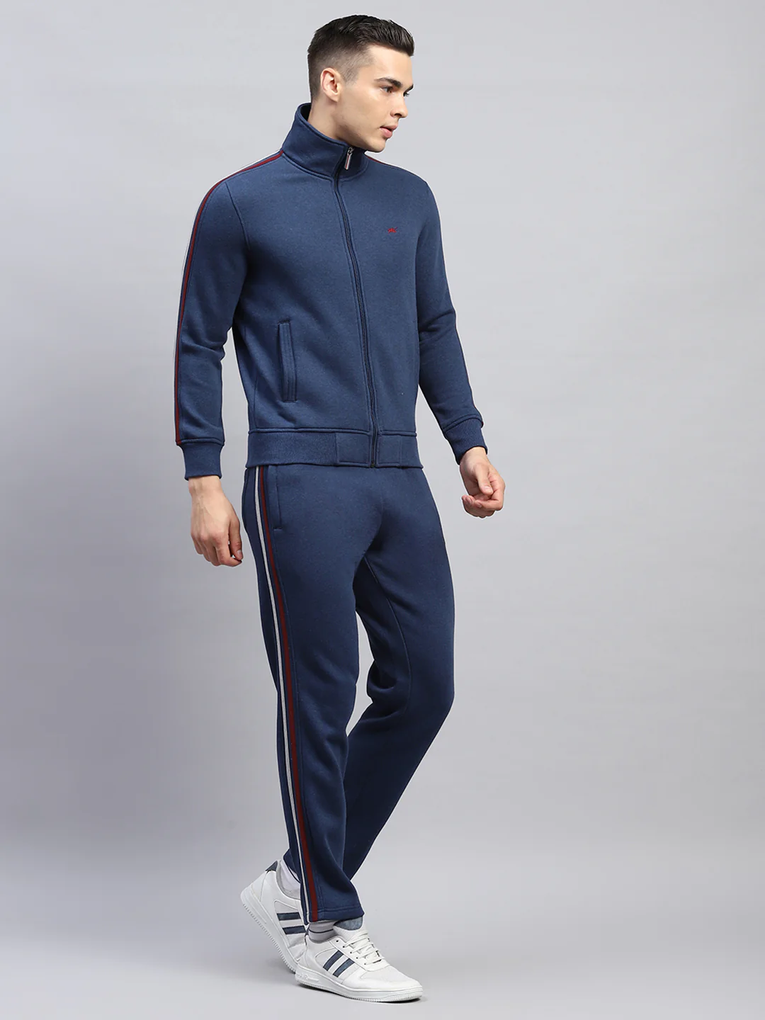 Men Navy Blue Solid Mock Neck Full Sleeve Winter Tracksuit - Image 4