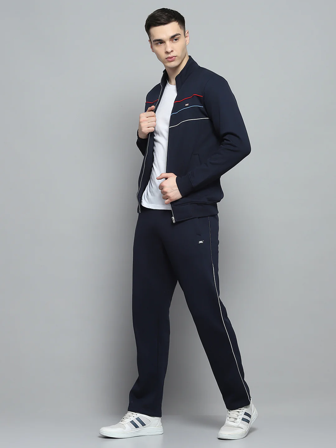 Men Navy Blue Solid Mock Neck Full Sleeve Winter Tracksuit - Image 2
