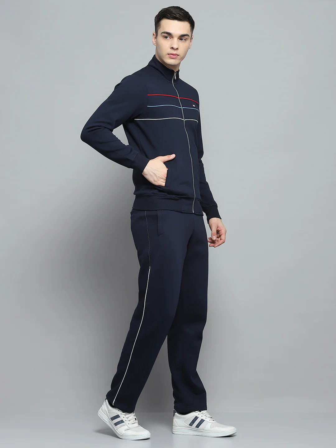 Men Navy Blue Solid Mock Neck Full Sleeve Winter Tracksuit - Image 4