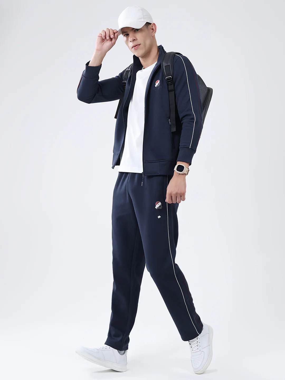 Men Navy Blue Solid Mock Neck Full Sleeve Winter Tracksuit - Image 2