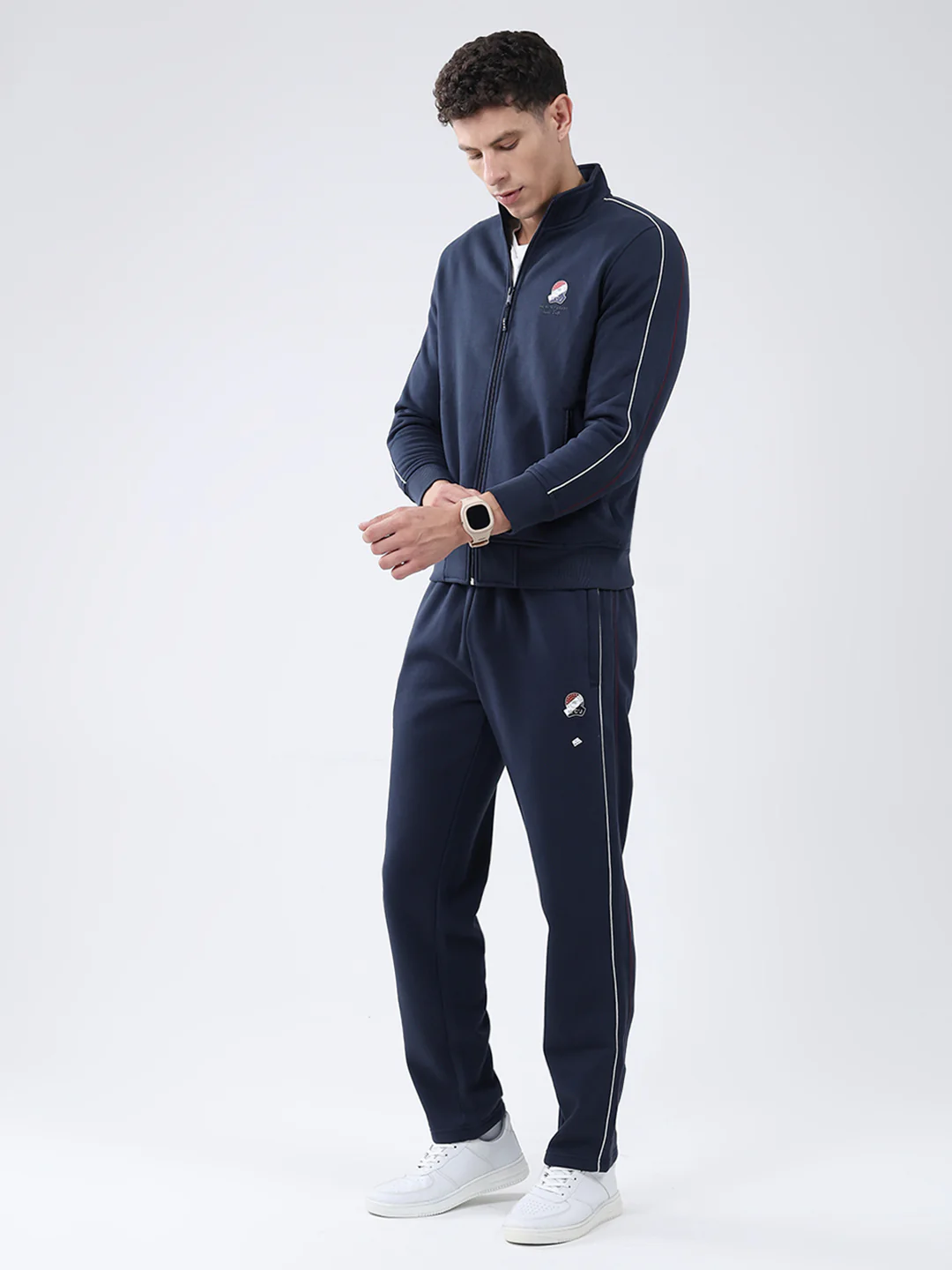 Men Navy Blue Solid Mock Neck Full Sleeve Winter Tracksuit - Image 3