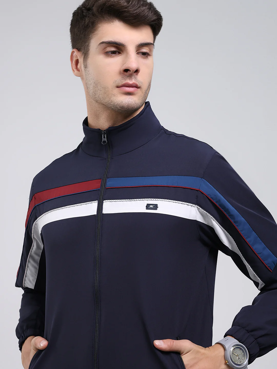 Men Navy Blue Solid Mock Neck Full Sleeve Winter Tracksuit - Image 6