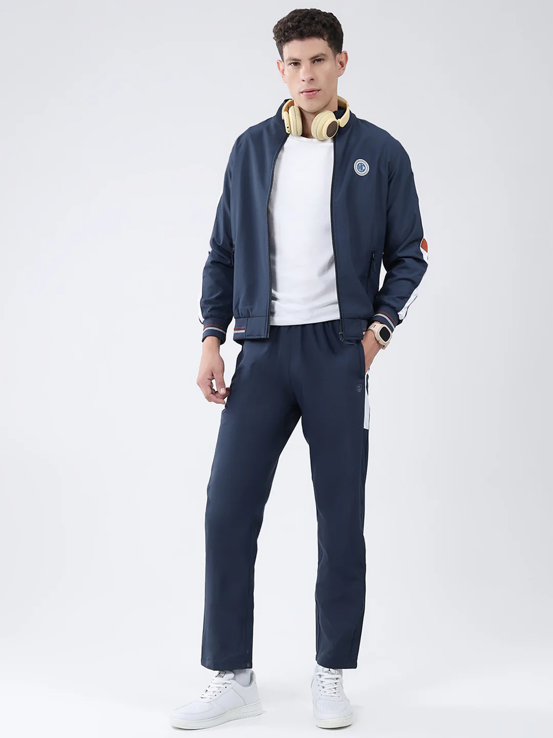 Men Navy Blue Solid Mock Neck Full Sleeve Winter Tracksuit - Image 2