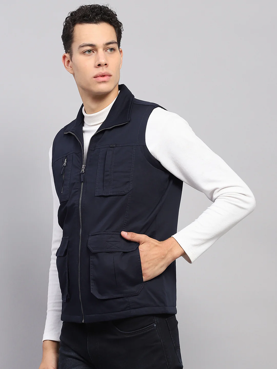 Men Navy Blue Solid Mock Neck Sleeveless Jacket - Image 3