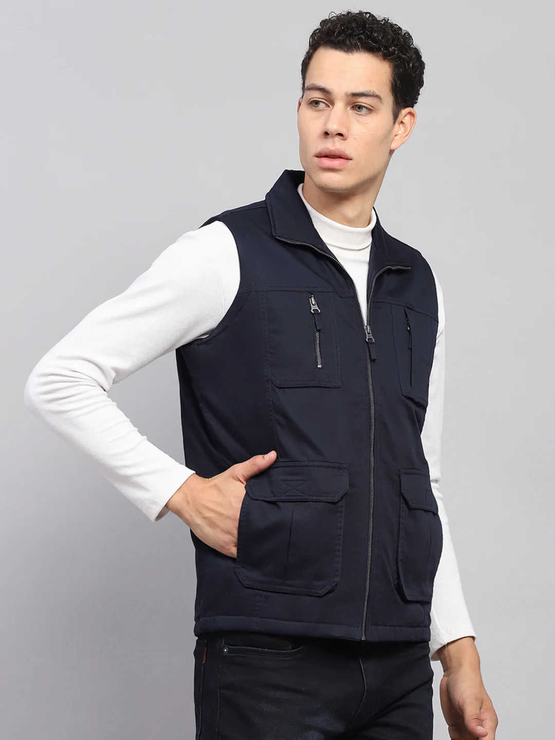 Men Navy Blue Solid Mock Neck Sleeveless Jacket - Image 4