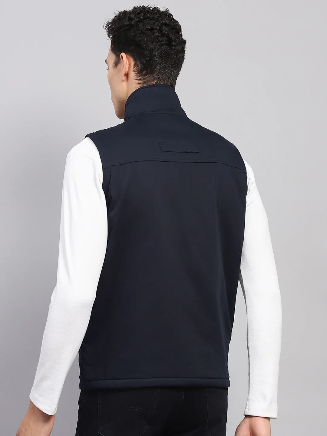 Men Navy Blue Solid Mock Neck Sleeveless Jacket - Image 5