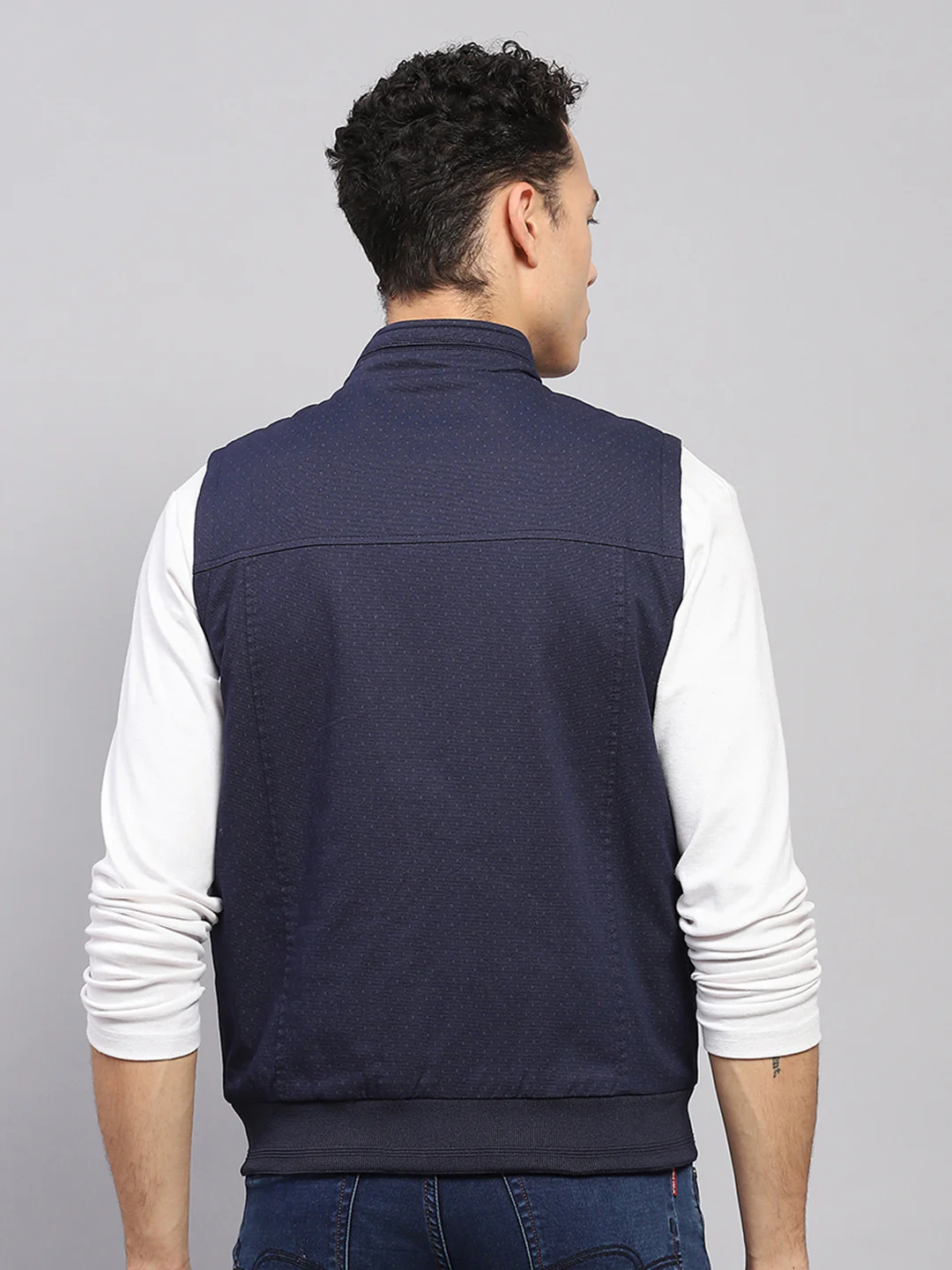 Men Navy Blue Solid Mock Neck Sleeveless Jacket - Image 5
