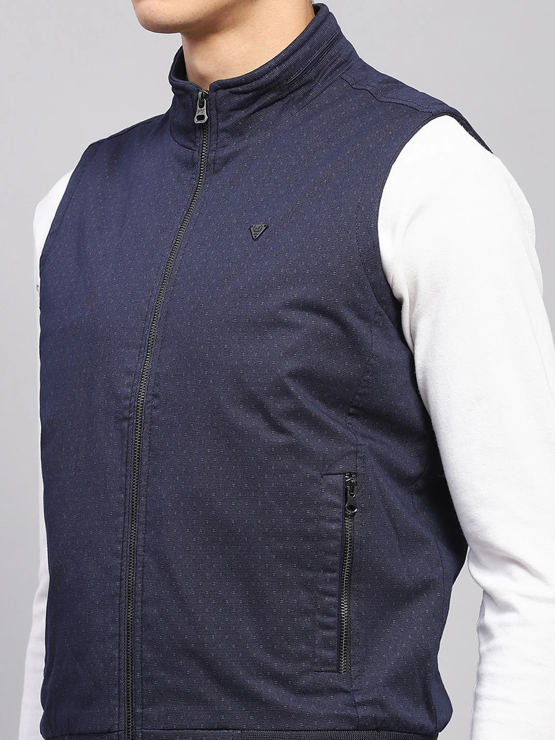 Men Navy Blue Solid Mock Neck Sleeveless Jacket - Image 6
