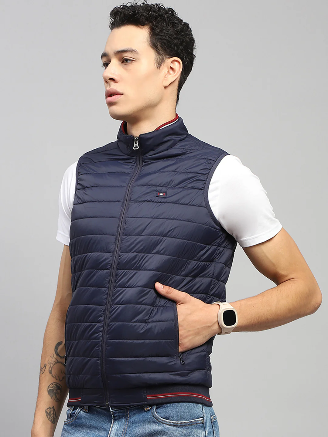 Men Navy Blue Solid Mock Neck Sleeveless Jacket - Image 3