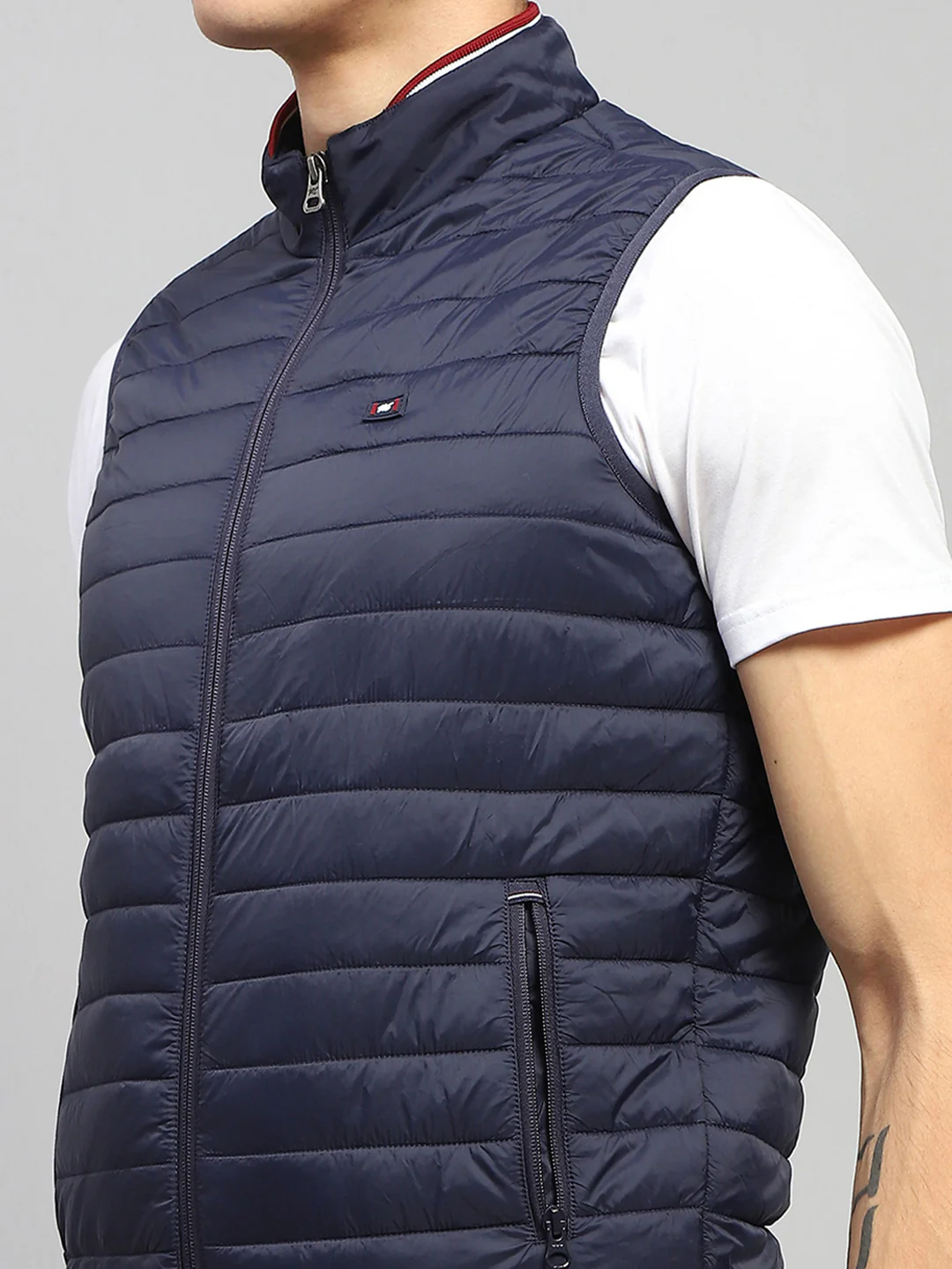 Men Navy Blue Solid Mock Neck Sleeveless Jacket - Image 6