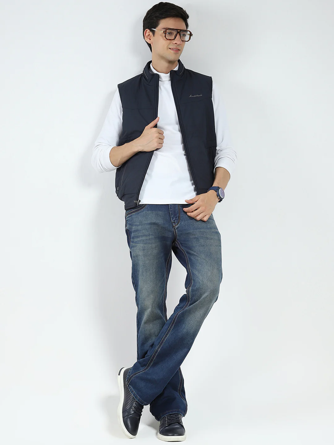 Men Navy Blue Solid Mock Neck Sleeveless Reversible Jacket - Image 2