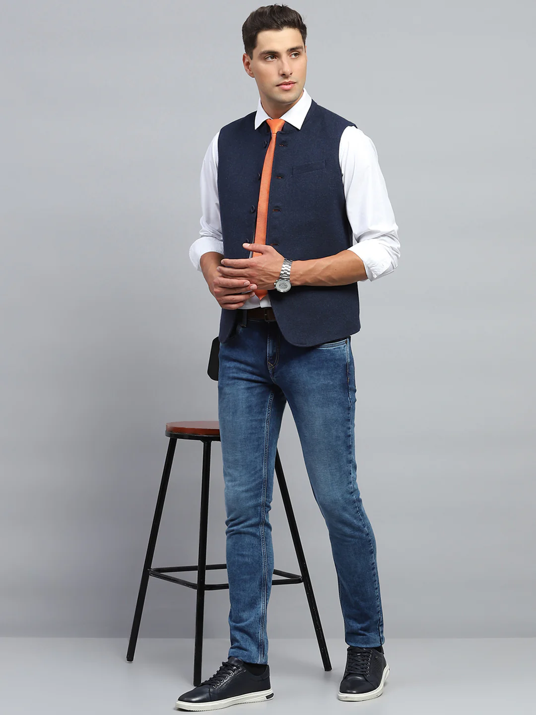 Men Navy Blue Solid Mock Neck Sleeveless Jacket - Image 2