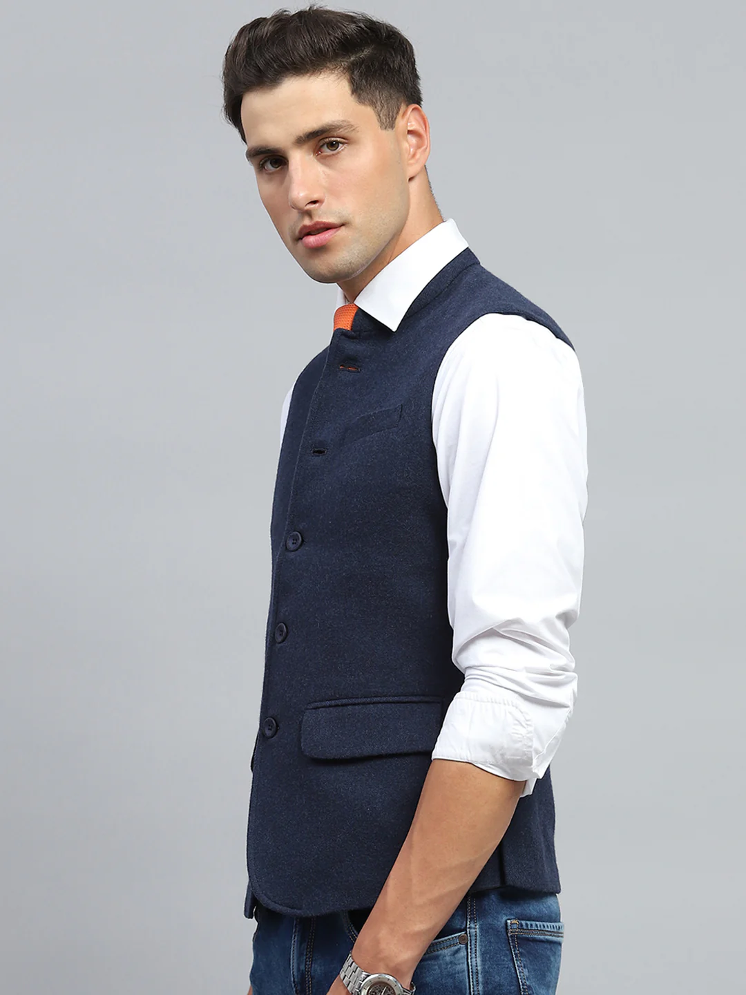 Men Navy Blue Solid Mock Neck Sleeveless Jacket - Image 3