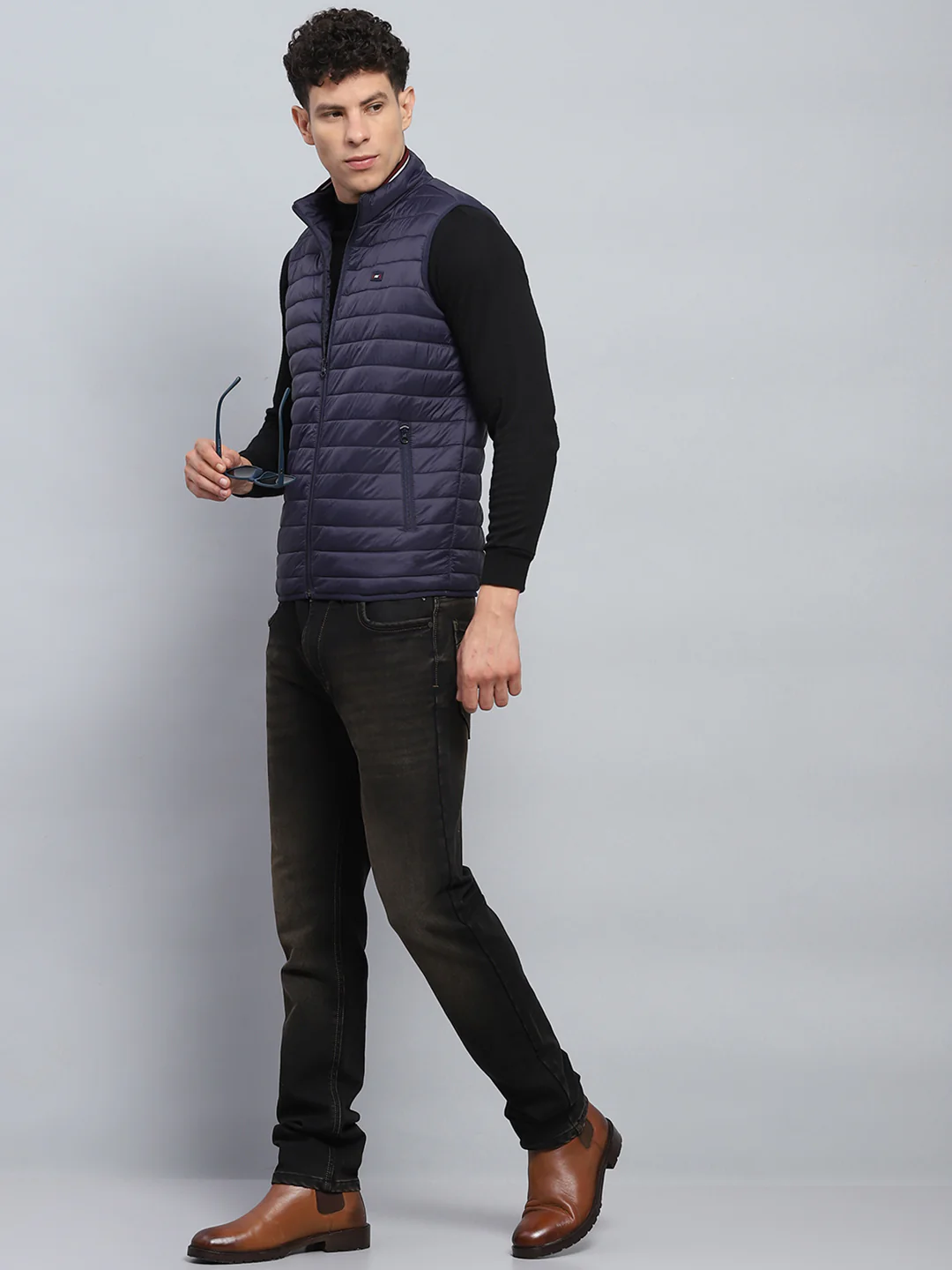 Men Navy Blue Solid Mock Neck Sleeveless Jacket - Image 2