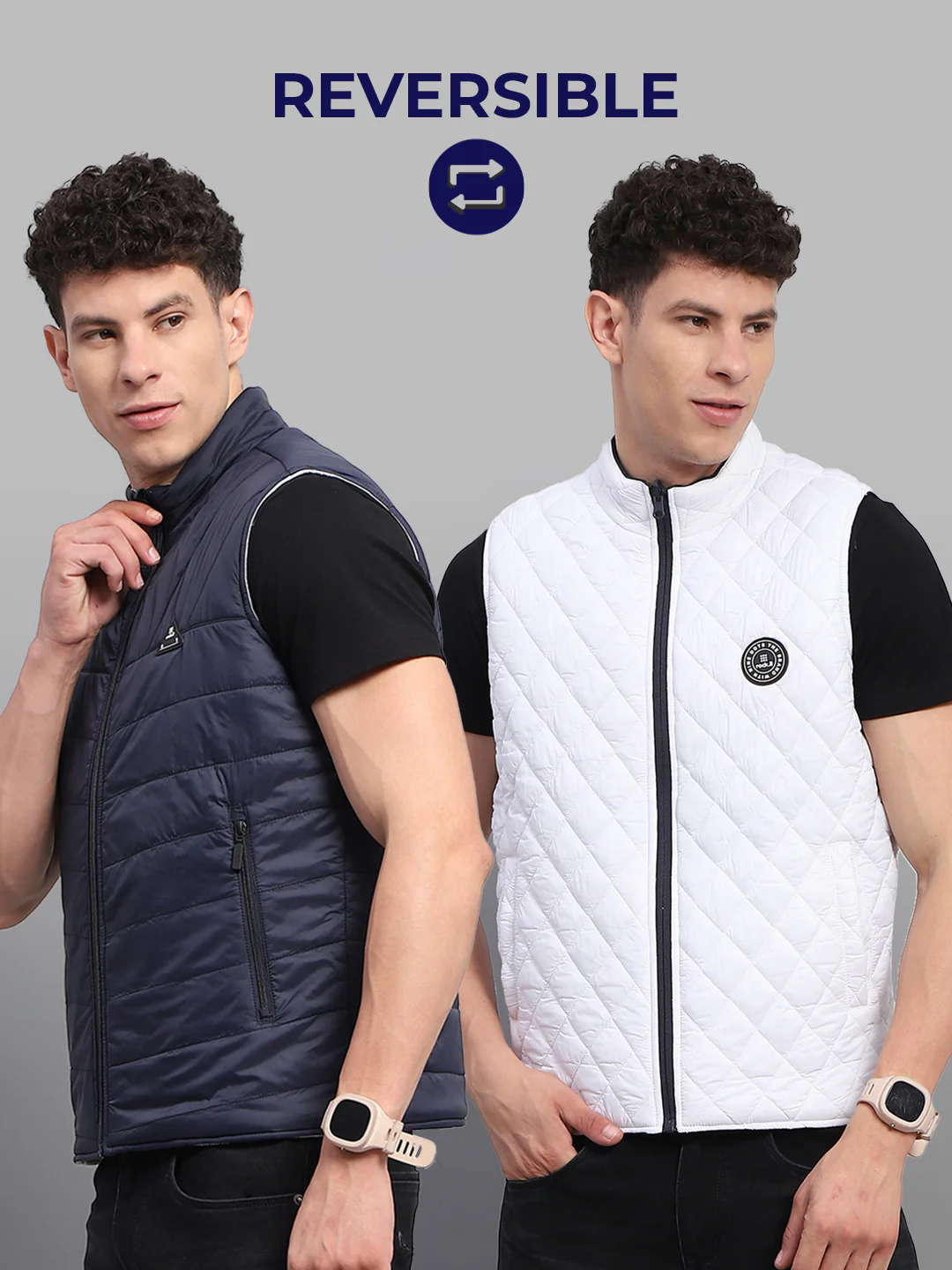 Rock.it Men Navy Blue Solid Mock Neck Sleeveless Reversible Jacket - Image 2