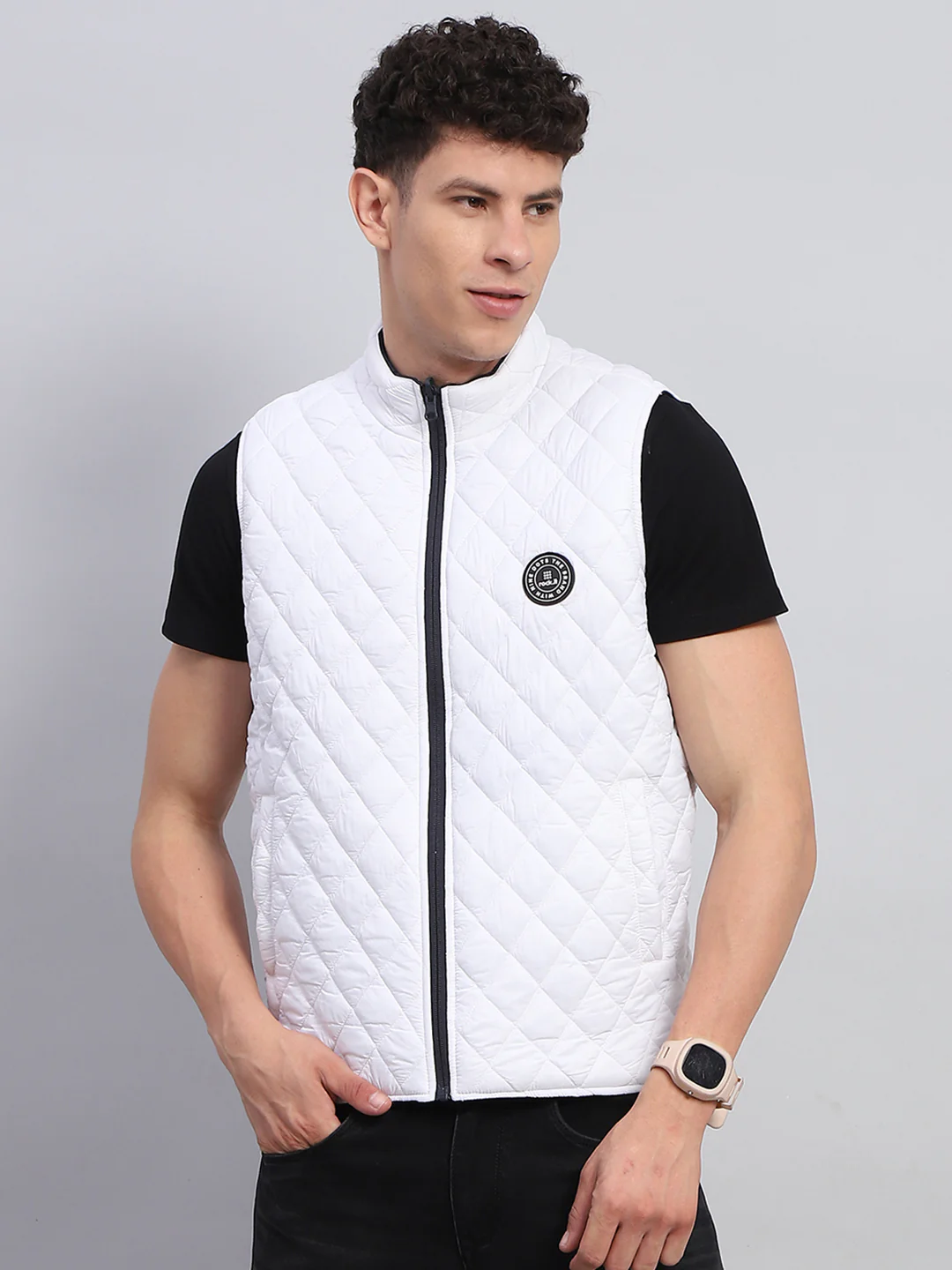 Rock.it Men Navy Blue Solid Mock Neck Sleeveless Reversible Jacket - Image 4