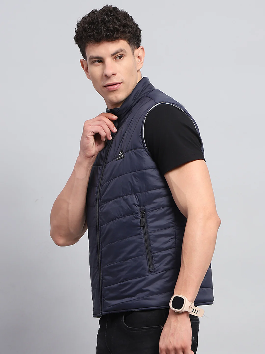 Rock.it Men Navy Blue Solid Mock Neck Sleeveless Reversible Jacket - Image 6