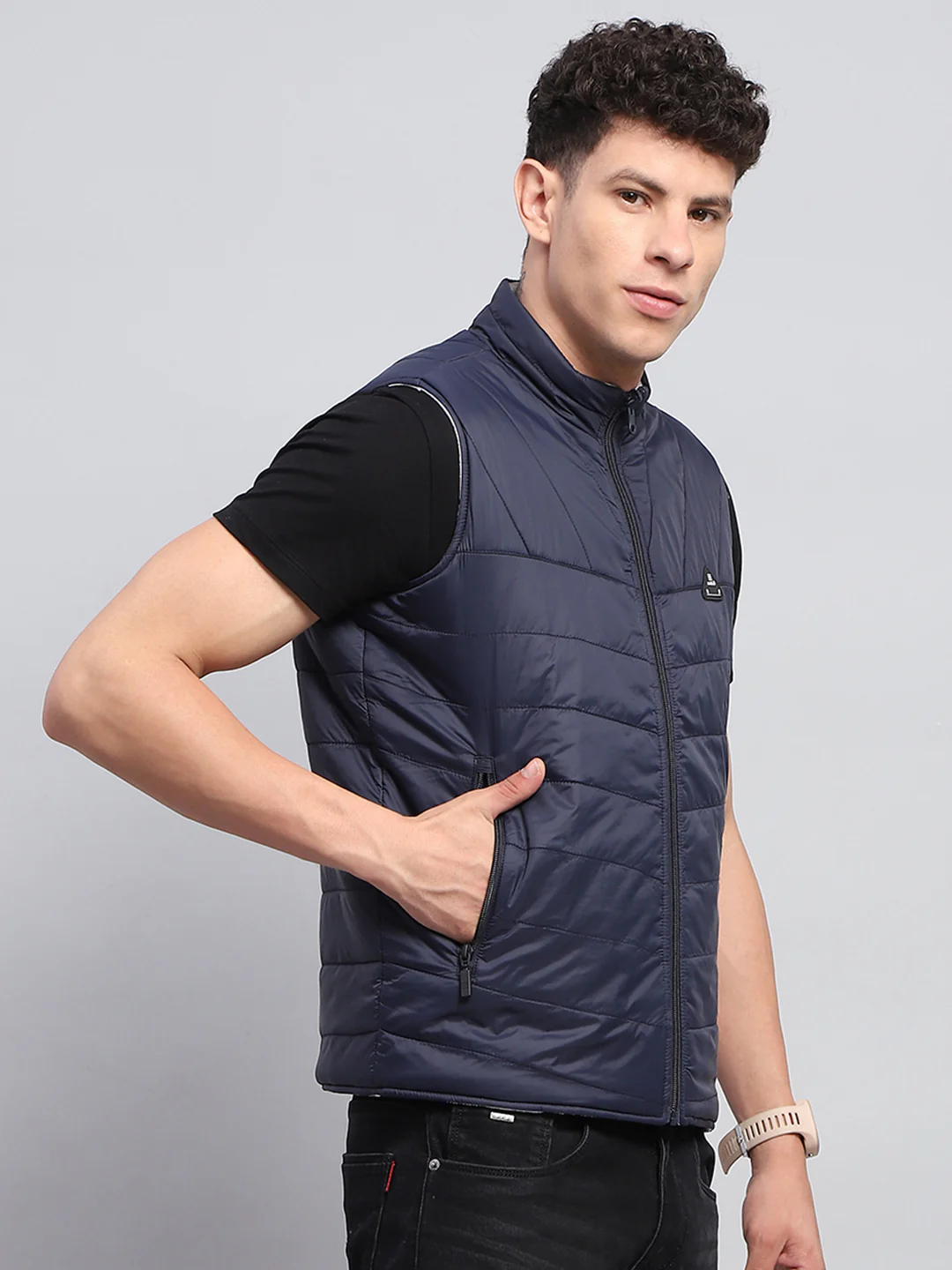 Rock.it Men Navy Blue Solid Mock Neck Sleeveless Reversible Jacket - Image 7