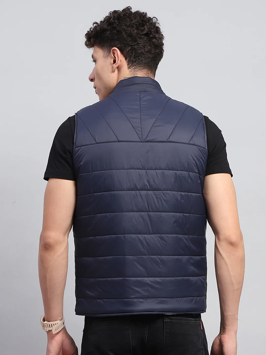 Rock.it Men Navy Blue Solid Mock Neck Sleeveless Reversible Jacket - Image 8
