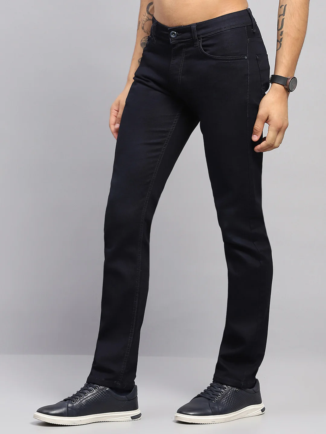 Men Navy Blue Solid Narrow Fit Denim - Image 3