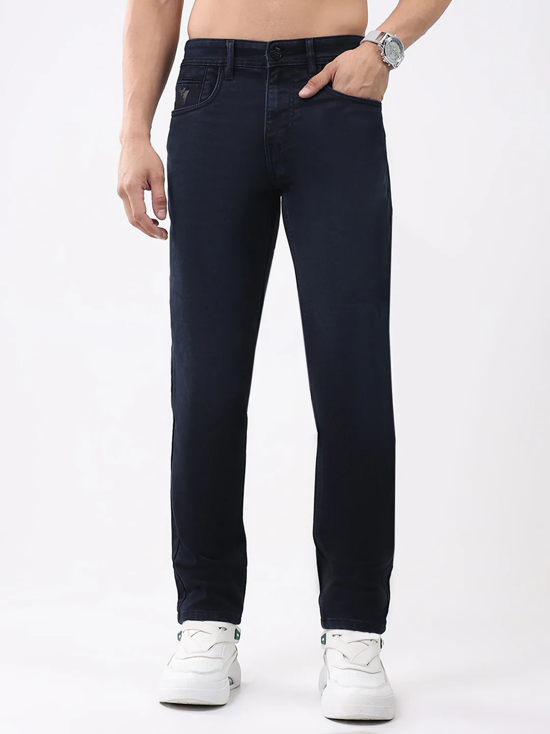 Men Navy Blue Solid Narrow Fit Denim
