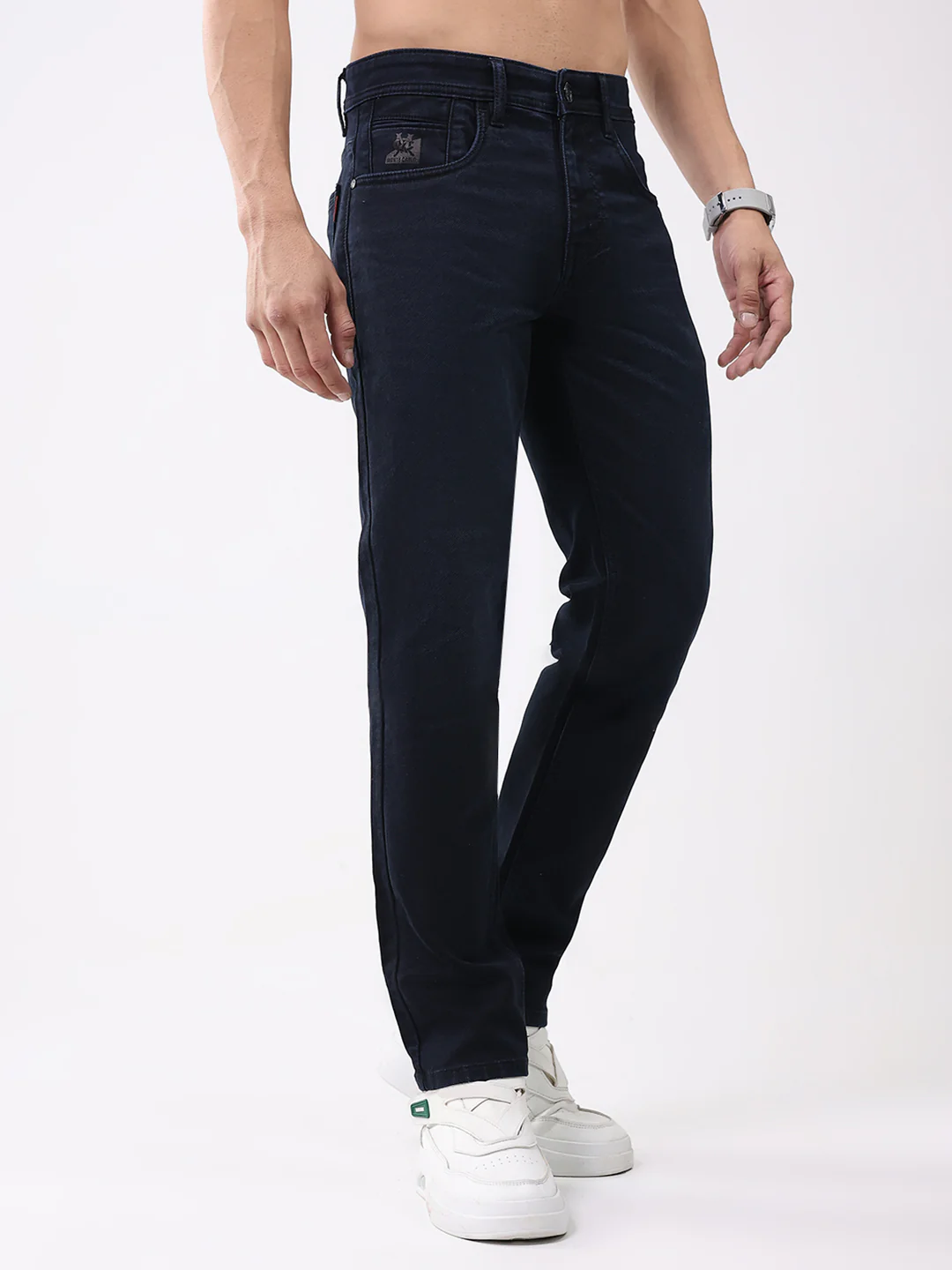 Men Navy Blue Solid Narrow Fit Denim - Image 4