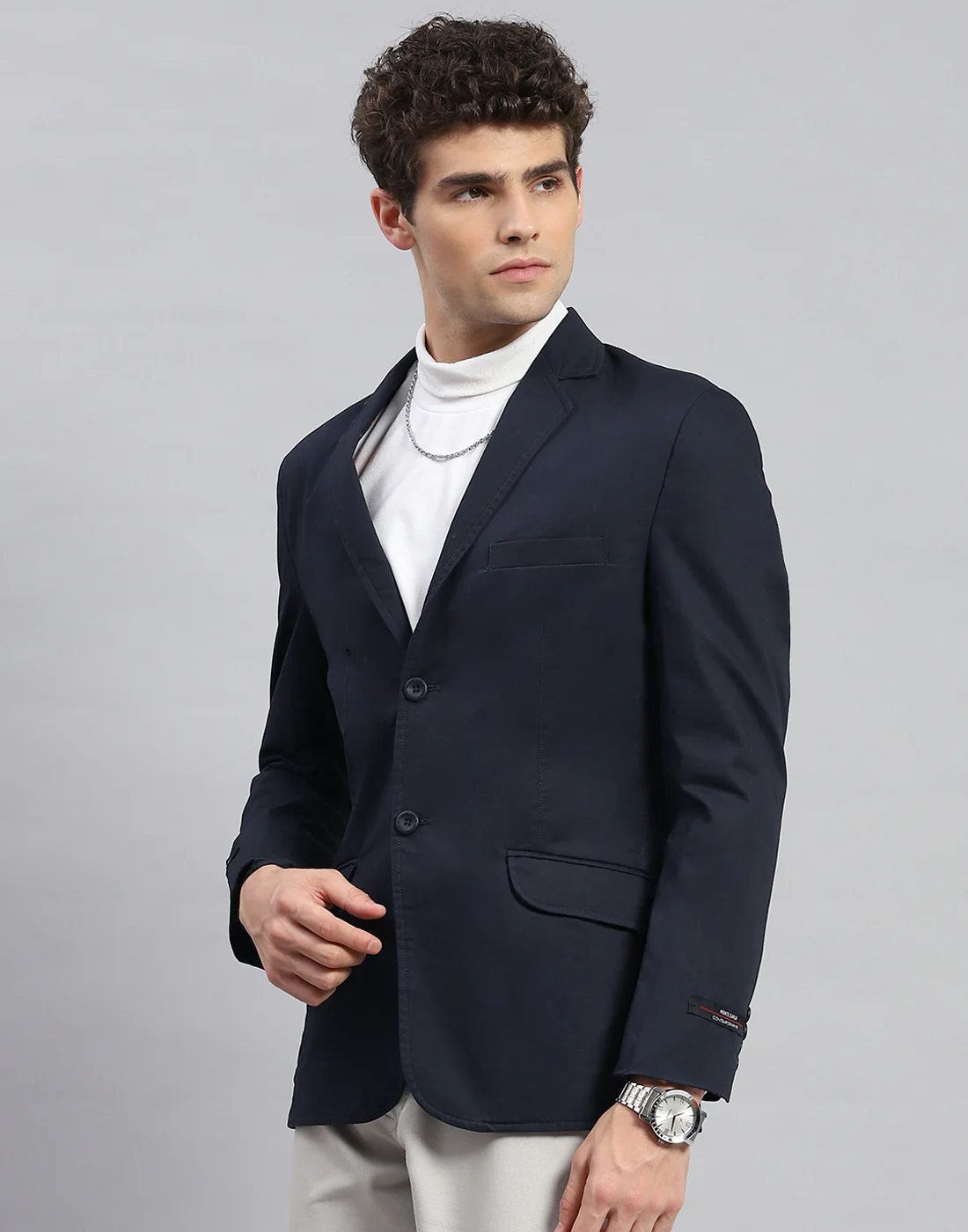 Men Navy Blue Solid Notch Lapel Collar Full Sleeve Blazer - Image 3