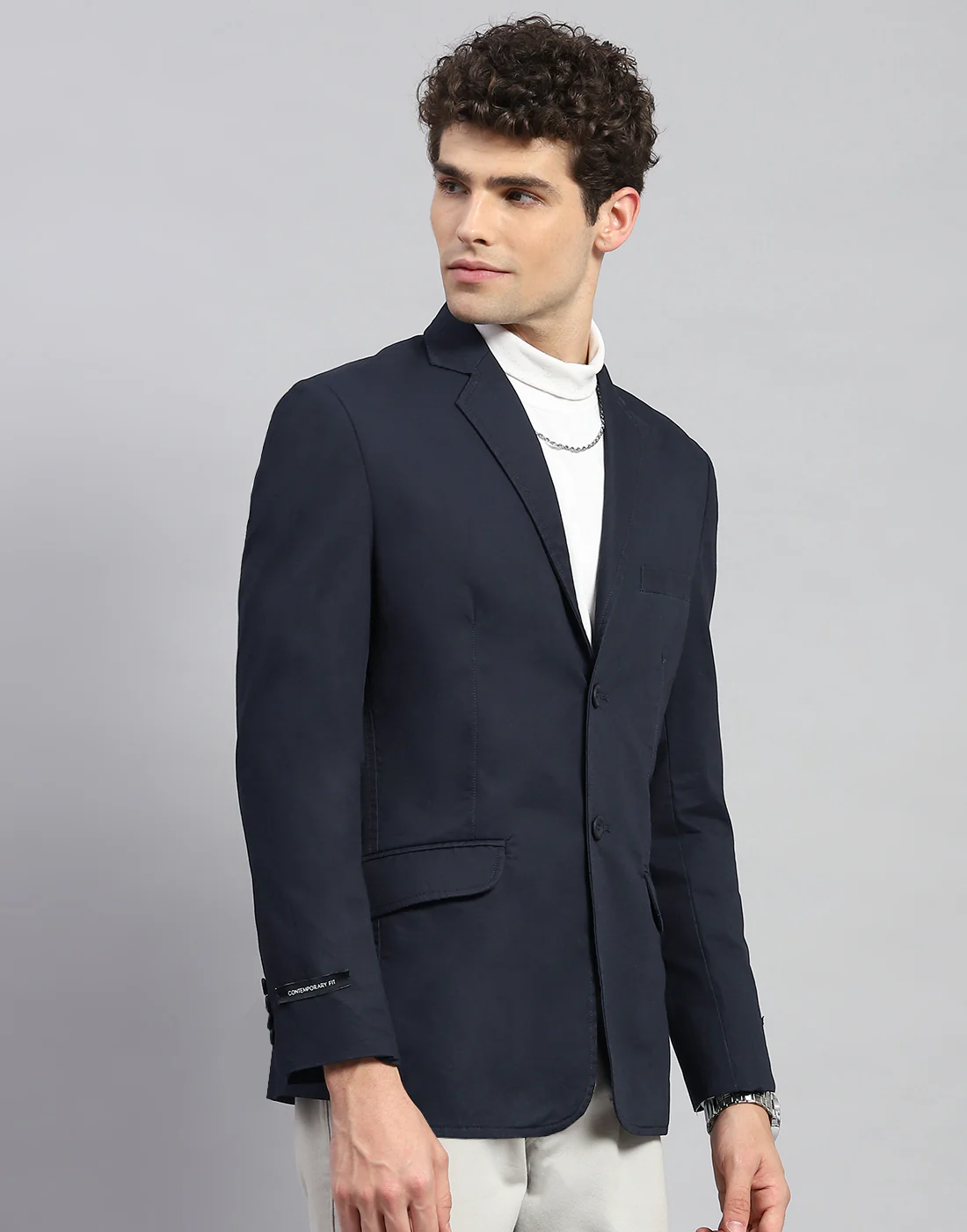 Men Navy Blue Solid Notch Lapel Collar Full Sleeve Blazer - Image 4