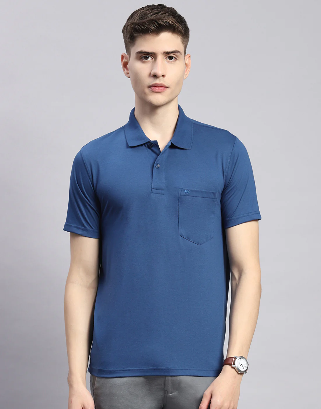 Men Navy Blue Solid Polo Collar Half Sleeve T-Shirt - Image 3