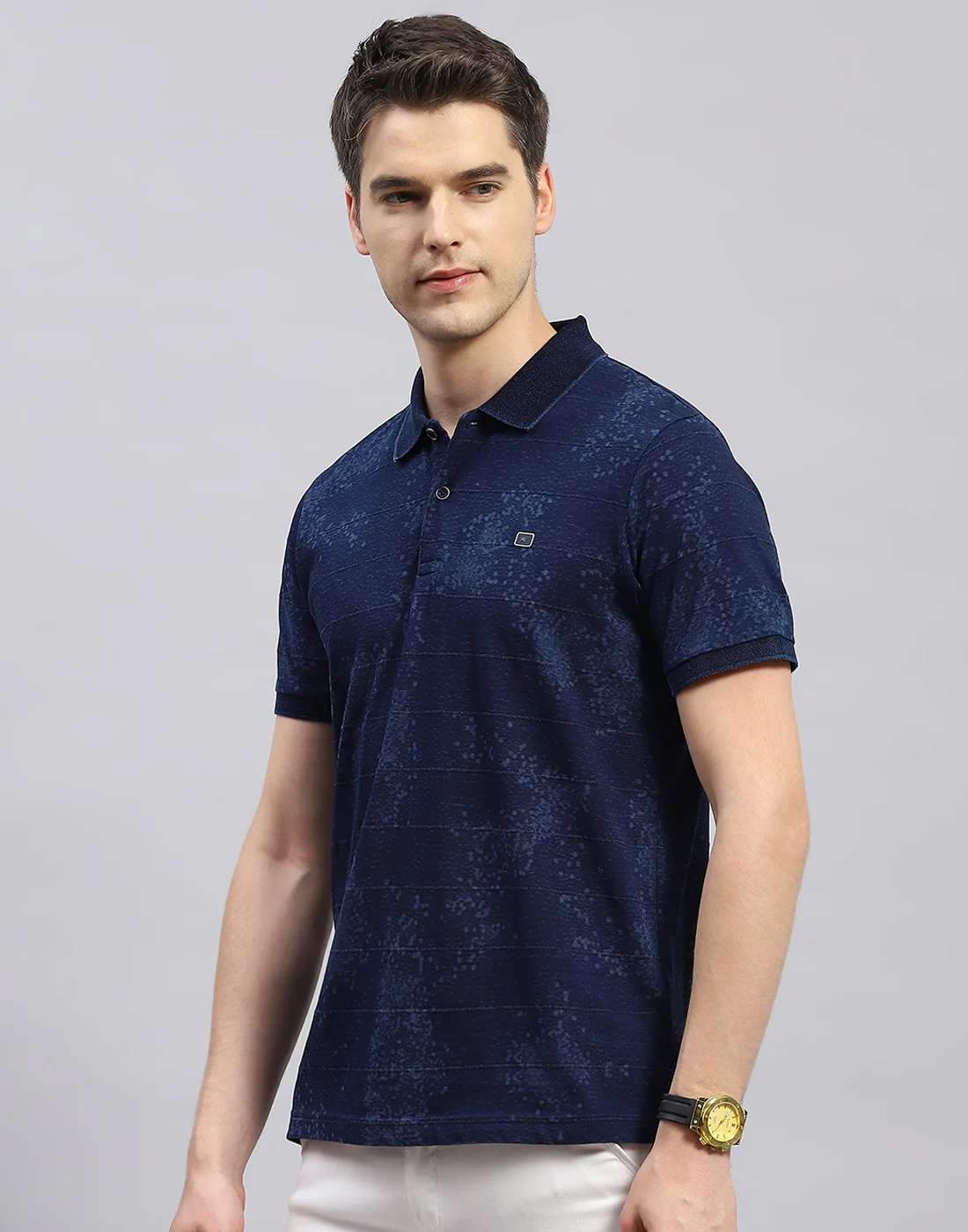 Men Navy Blue Solid Polo Collar Half Sleeve T-Shirt - Image 3