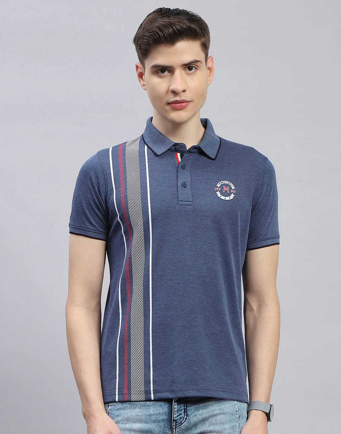 Men Navy Blue Solid Polo Collar Half Sleeve T-Shirt - Image 3