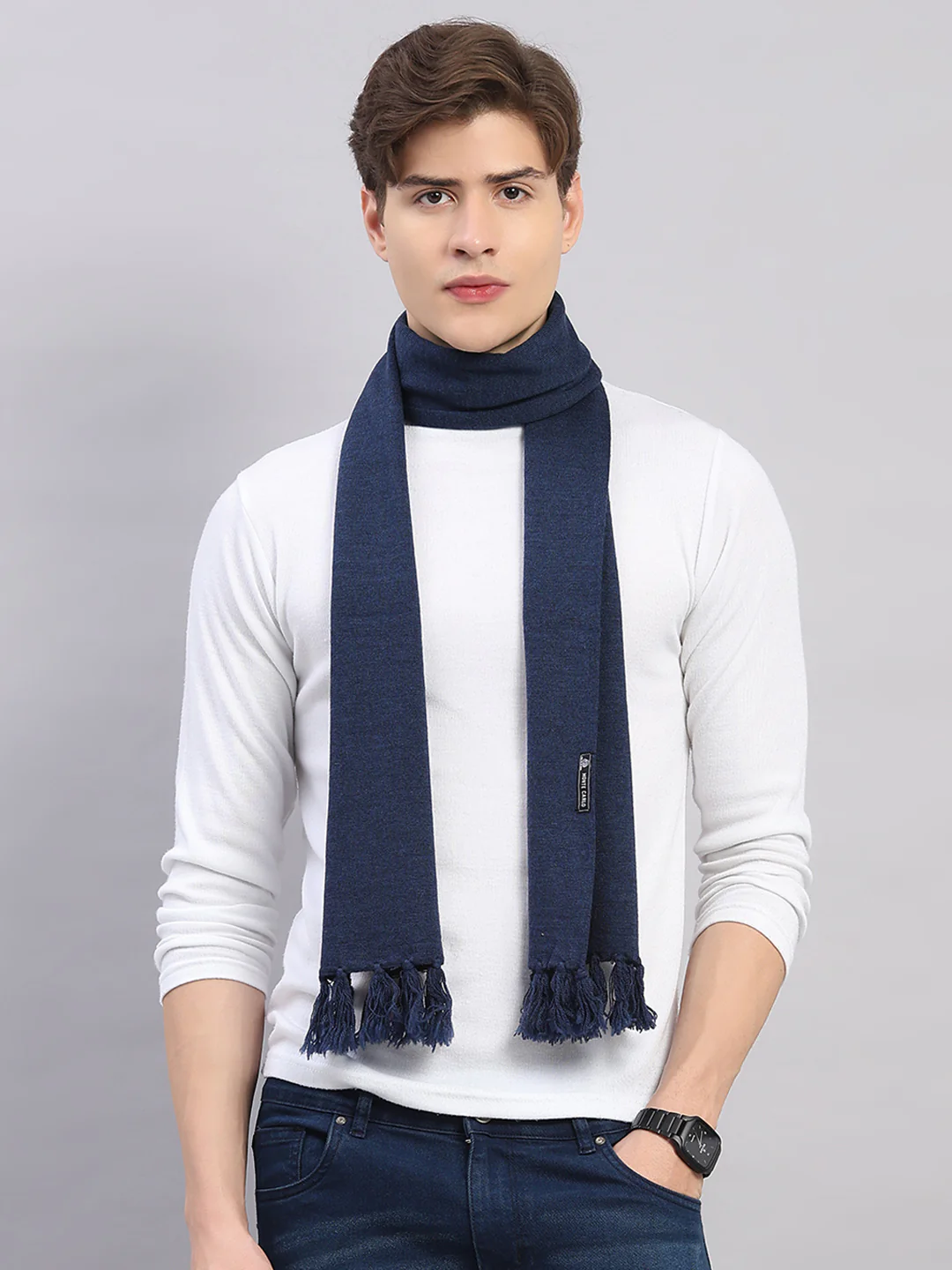 Men Navy Blue Solid Pure Wool Muffler - Image 3