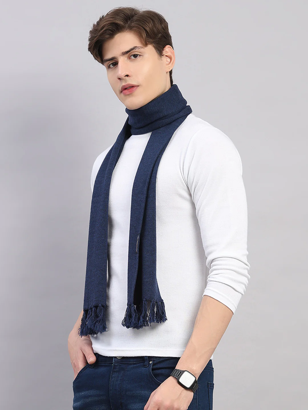 Men Navy Blue Solid Pure Wool Muffler - Image 4