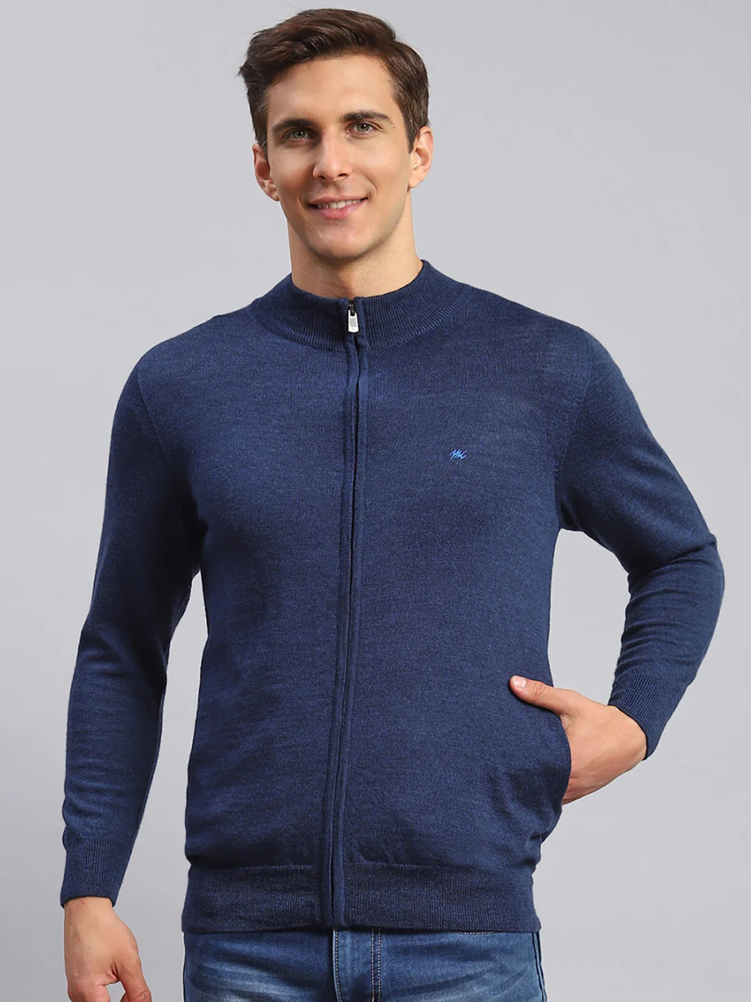Men Navy Blue Solid Pure wool Pullover - Image 2
