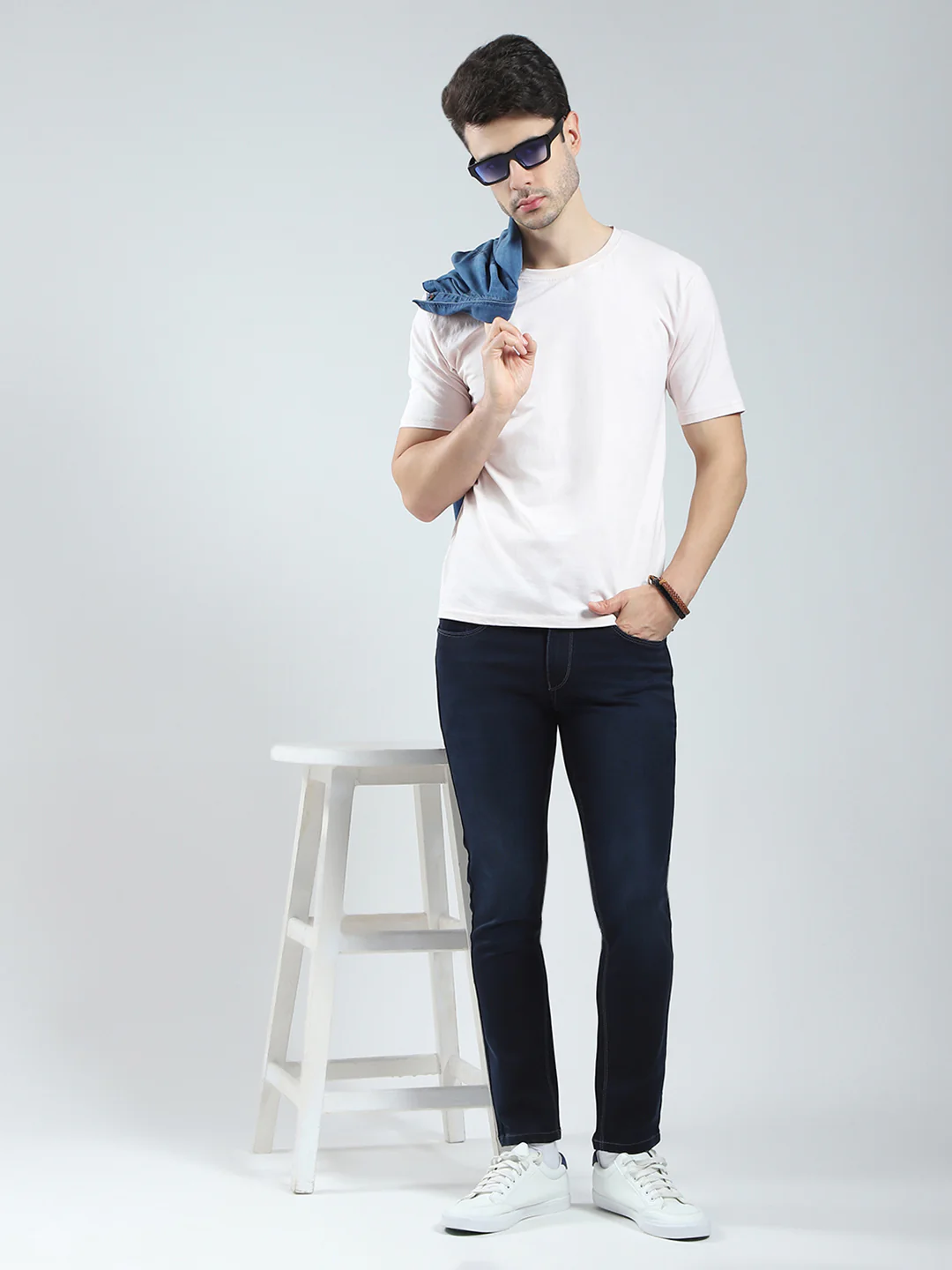 Men Navy Blue Solid Ankle Length Denim - Image 2
