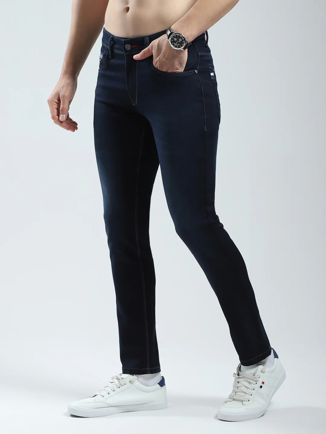 Men Navy Blue Solid Ankle Length Denim - Image 3