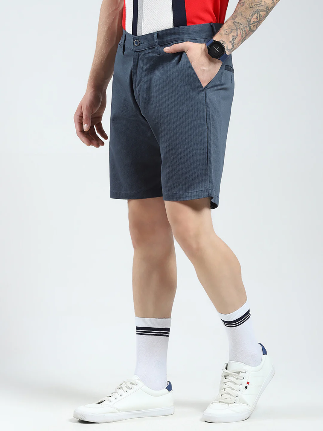 Men Navy Blue Solid Regular Fit Shorts - Image 3