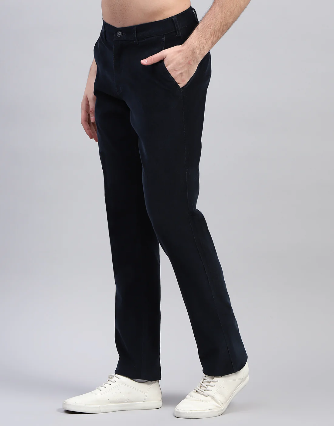 Men Navy Blue Solid Regular Fit Trouser - Image 3