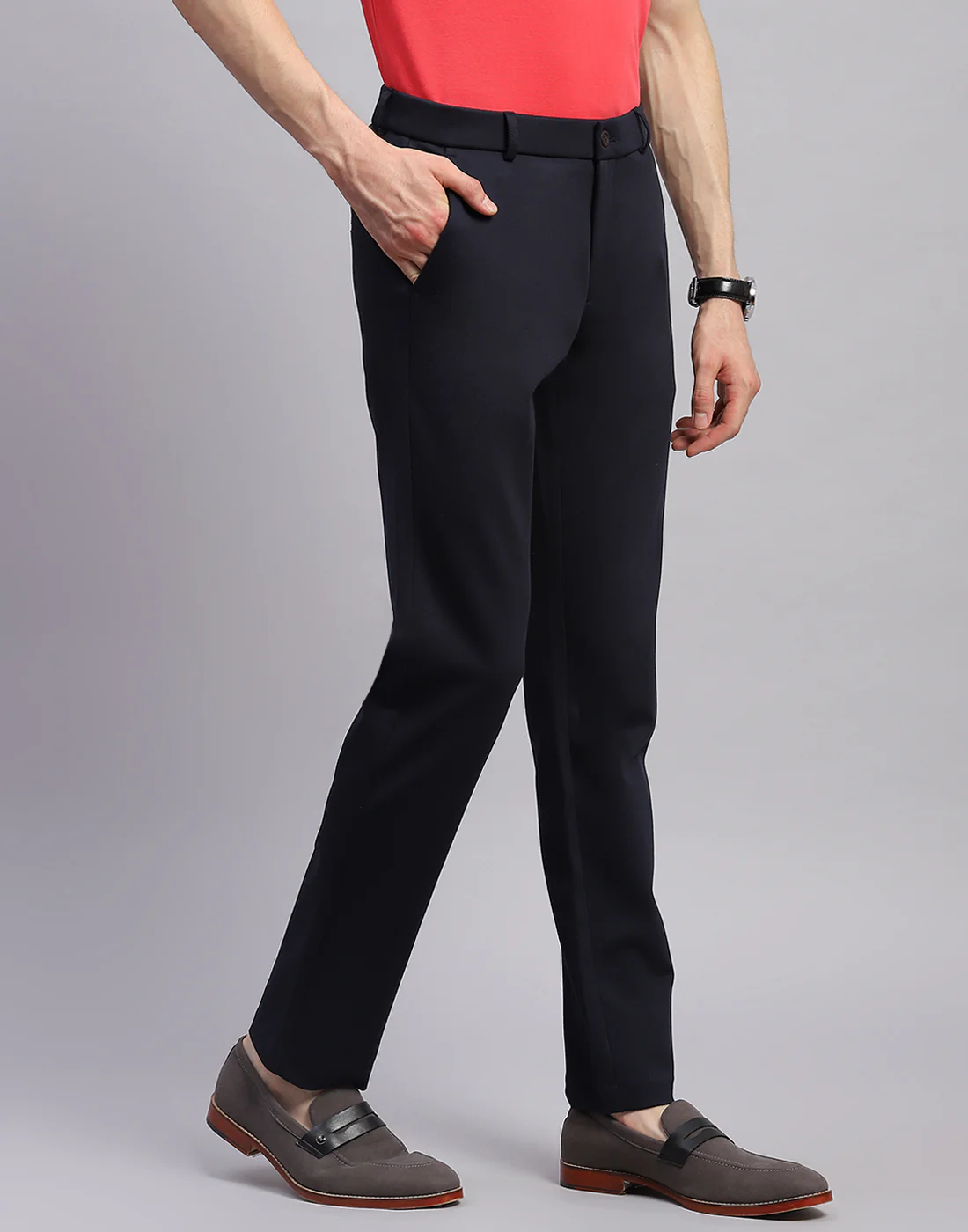 Men Navy Blue Solid Regular Fit Trouser - Image 4