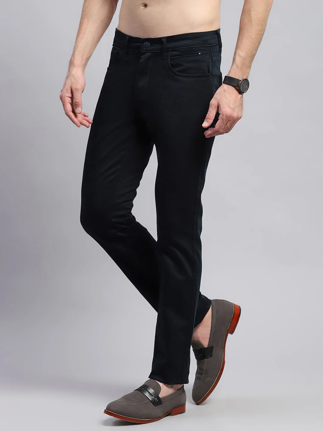 Men Navy Blue Solid Regular Fit Trouser - Image 3