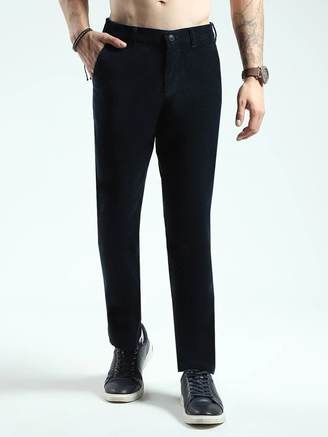 Men Navy Blue Solid Regular Fit Trouser - Image 4