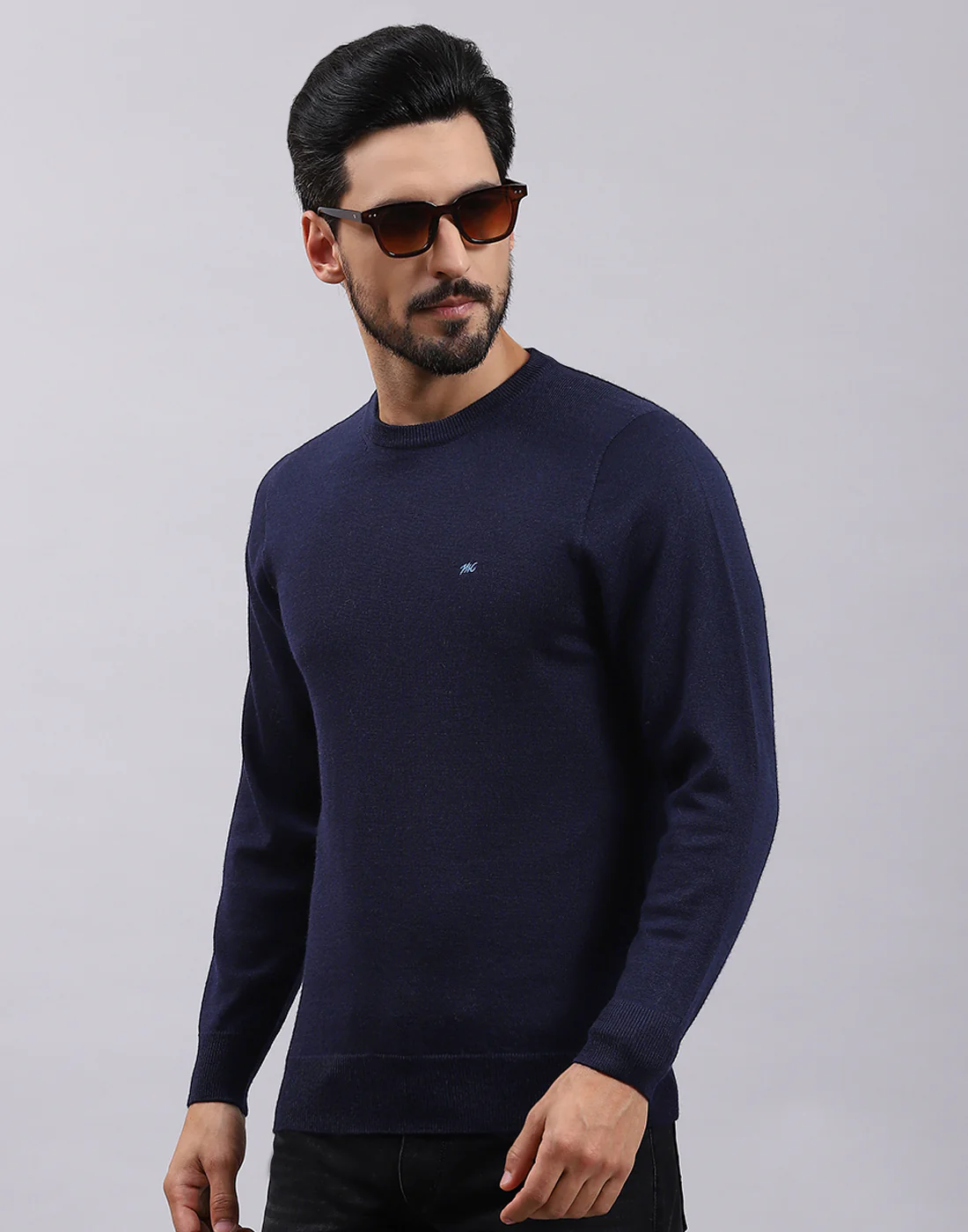 Men Navy Blue Solid Round Neck Full Sleeve Pullover - Image 3