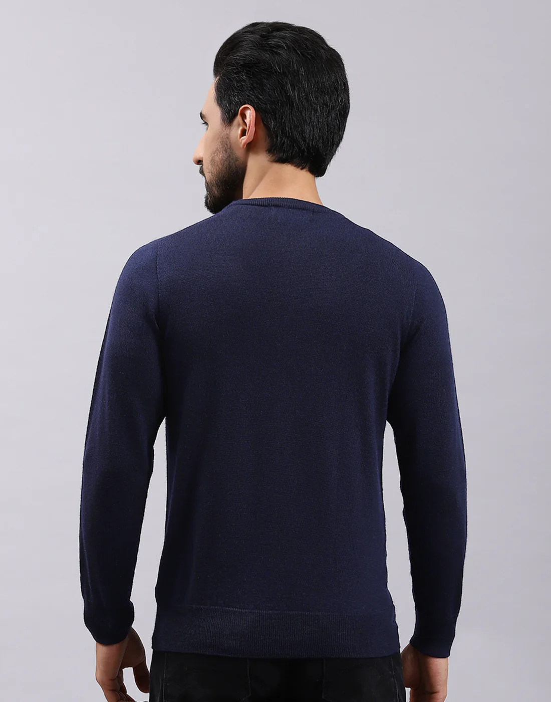 Men Navy Blue Solid Round Neck Full Sleeve Pullover - Image 5