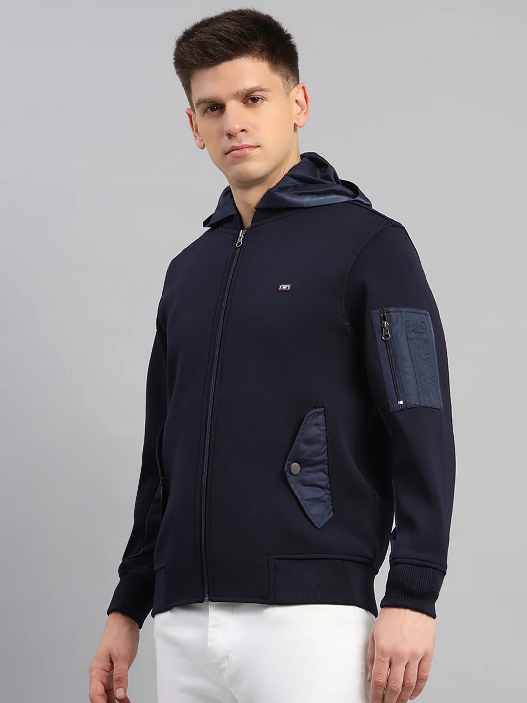 Men Navy Blue Solid Round Neck Full Sleeve Pullover - Image 3