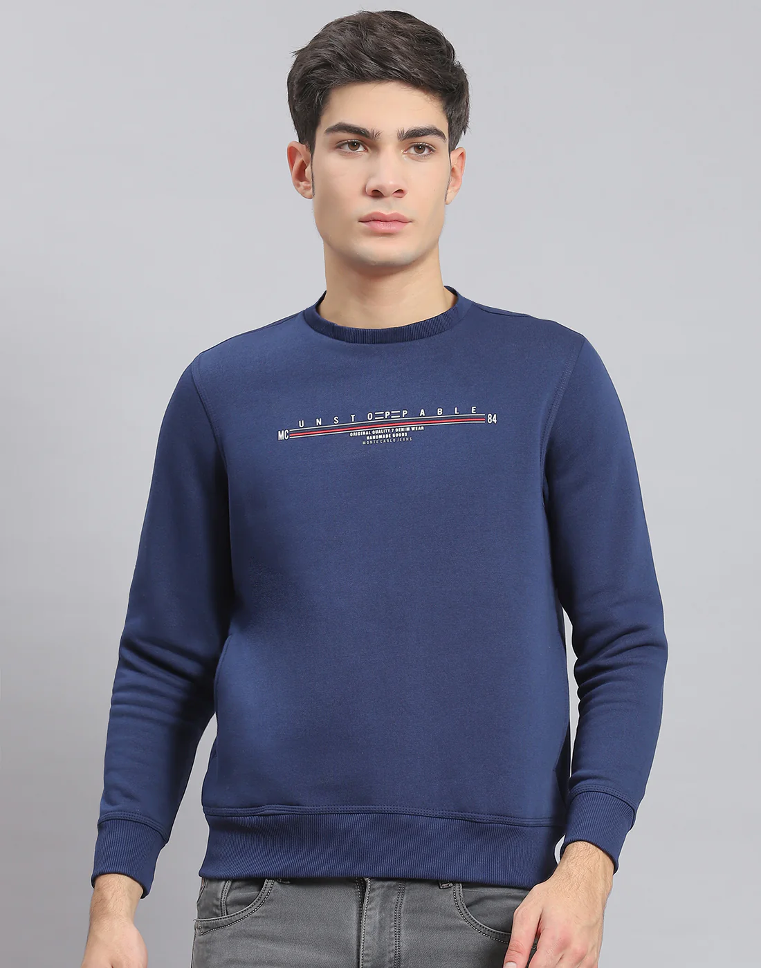 Men Navy Blue Solid Round Neck Full Sleeve Sweatshirt - Image 2