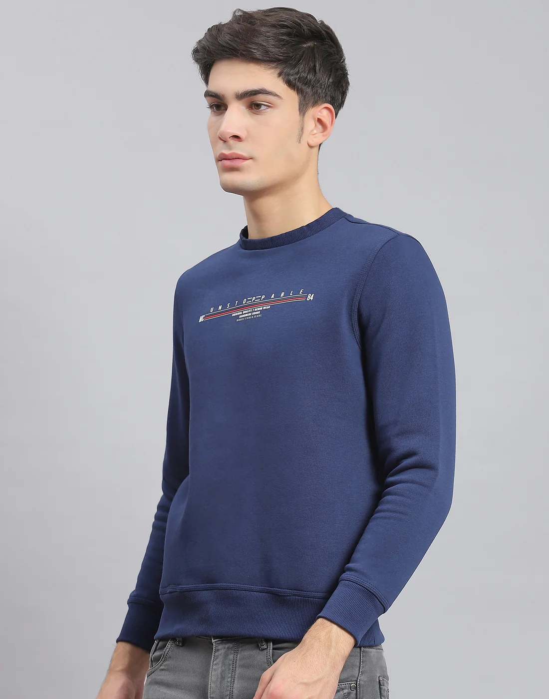 Men Navy Blue Solid Round Neck Full Sleeve Sweatshirt - Image 3