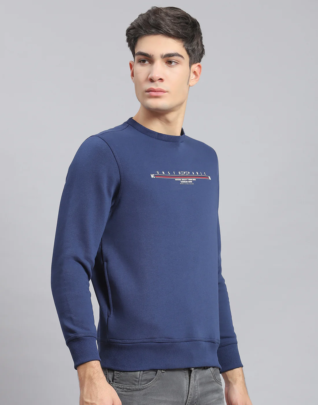 Men Navy Blue Solid Round Neck Full Sleeve Sweatshirt - Image 4