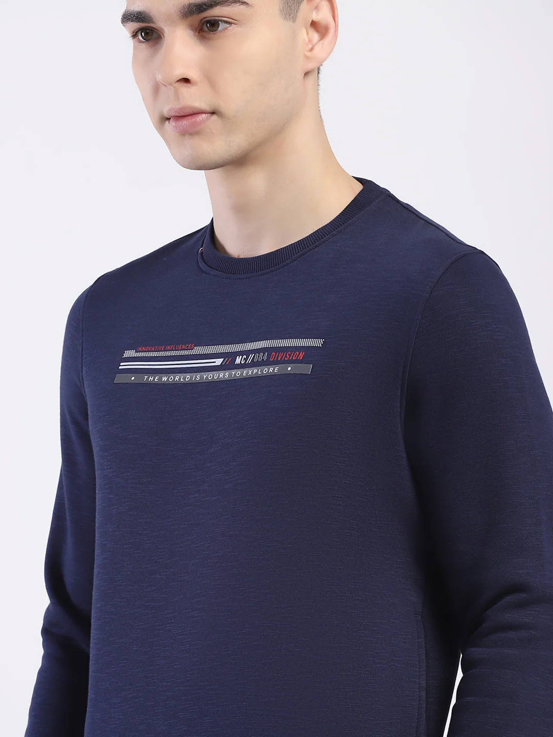 Men Navy Blue Solid Round Neck Full Sleeve Sweatshirt - Image 6